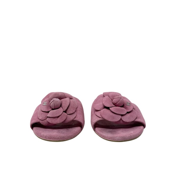 Chanel Camellia Suede Calfskin CC Flower Pink Slide Sandals Size 37 - Picture 3 of 11
